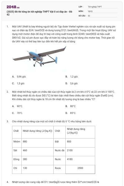 (2025) Đề thi tổng ôn tốt nghiệp THPT Vật lí có đáp án - Đề 42