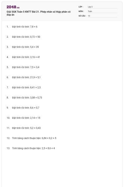 Giải SGK Toán 5 KNTT Bài 21. Phép nhân số thập phân có đáp án
