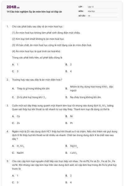 14 Câu trắc nghiệm Sự ăn mòn kim loại có đáp án