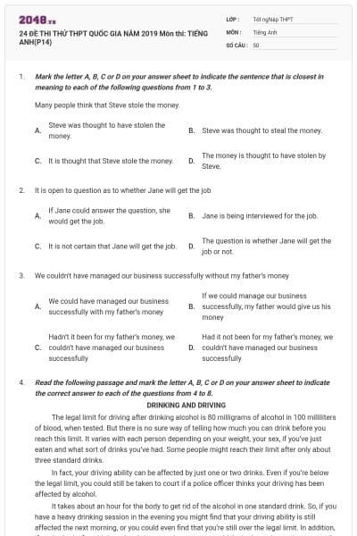 24 ĐỀ THI THỬ THPT QUỐC GIA NĂM 2019 Môn thi: TIẾNG ANH(P14)