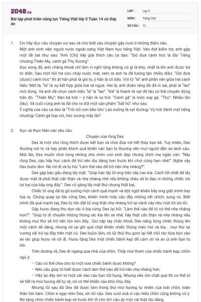 Bài tập phát triển năng lực Tiếng Việt lớp 5 Tuần 14 có đáp án