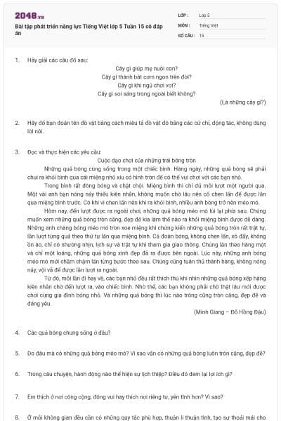 Bài tập phát triển năng lực Tiếng Việt lớp 5 Tuần 15 có đáp án