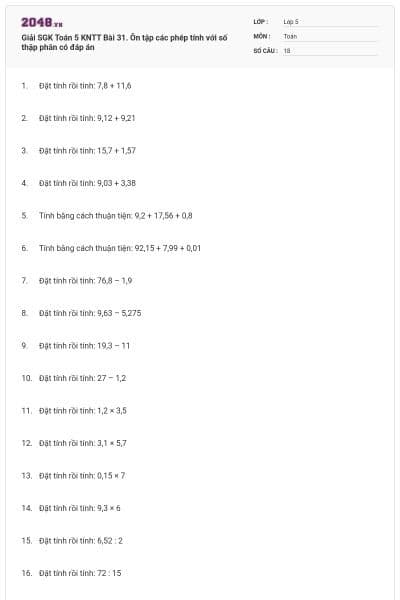 Giải SGK Toán 5 KNTT Bài 31. Ôn tập các phép tính với số thập phân có đáp án