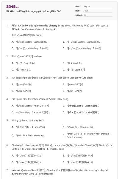 Đề kiểm tra Công thức lượng giác (có lời giải) - Đề 1