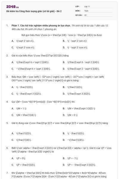 Đề kiểm tra Công thức lượng giác (có lời giải) - Đề 2