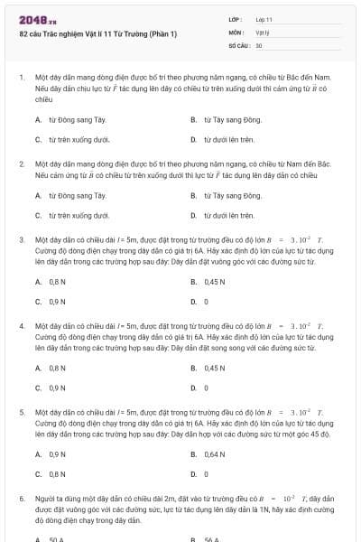 82 câu Trắc nghiệm Vật lí 11 Từ Trường (Phần 1)
