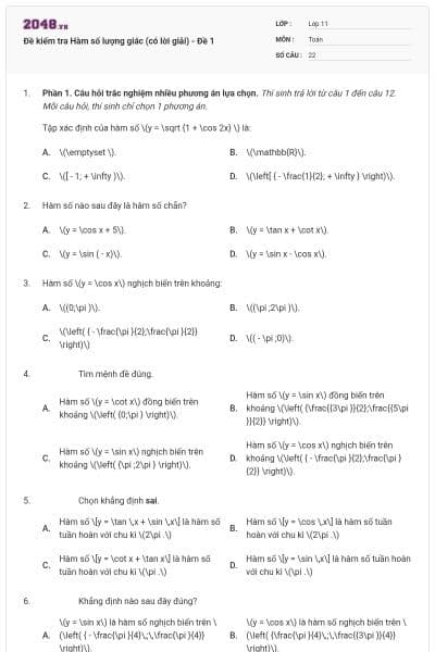 Đề kiểm tra Hàm số lượng giác (có lời giải) - Đề 1