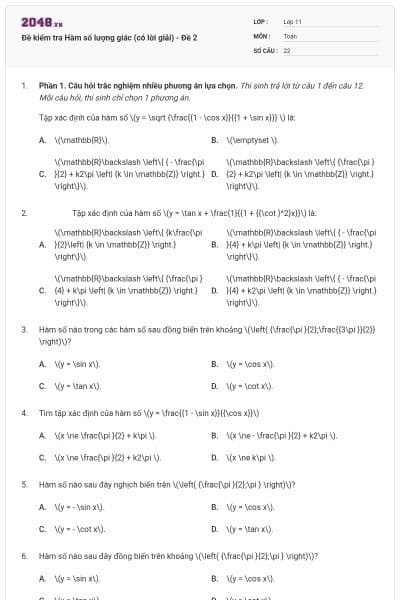 Đề kiểm tra Hàm số lượng giác (có lời giải) - Đề 2