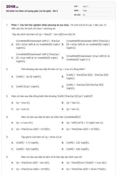Đề kiểm tra Hàm số lượng giác (có lời giải) - Đề 3
