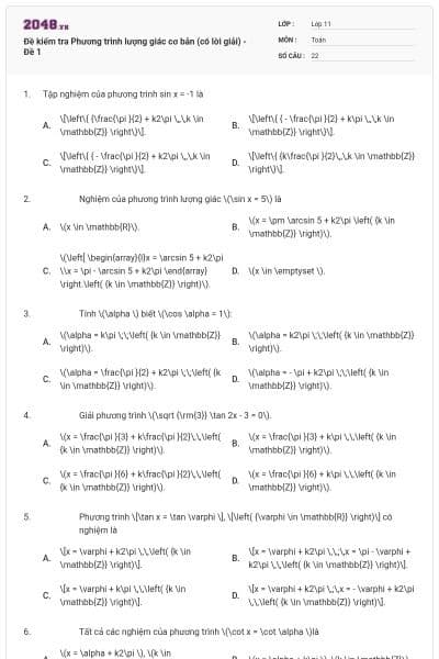 Đề kiểm tra Phương trình lượng giác cơ bản (có lời giải) - Đề 1