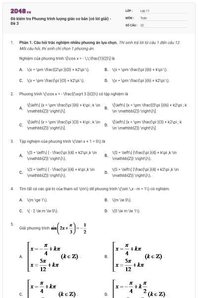 Đề kiểm tra Phương trình lượng giác cơ bản (có lời giải) - Đề 3