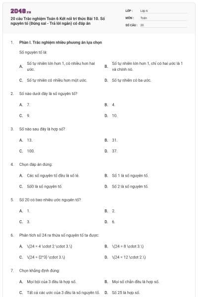 20 câu Trắc nghiệm Toán 6 Kết nối tri thức Bài 10. Số nguyên tố (Đúng sai - Trả lời ngắn) có đáp án