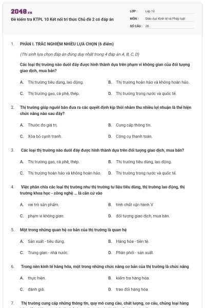 Đề kiểm tra KTPL 10 Kết nối tri thức Chủ đề 2 có đáp án