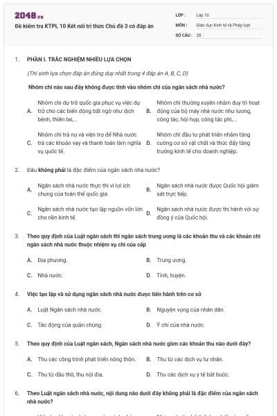Đề kiểm tra KTPL 10 Kết nối tri thức Chủ đề 3 có đáp án