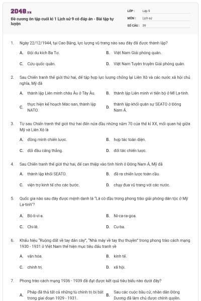 Đề cương ôn tập cuối kì 1 Lịch sử 9 có đáp án - Bài tập tự luyện