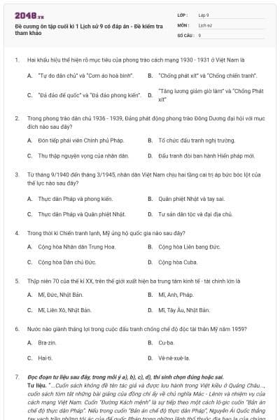 Đề cương ôn tập cuối kì 1 Lịch sử 9 có đáp án - Đề kiểm tra tham khảo