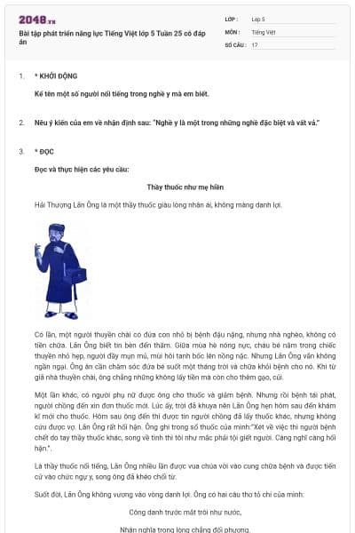 Bài tập phát triển năng lực Tiếng Việt lớp 5 Tuần 25 có đáp án