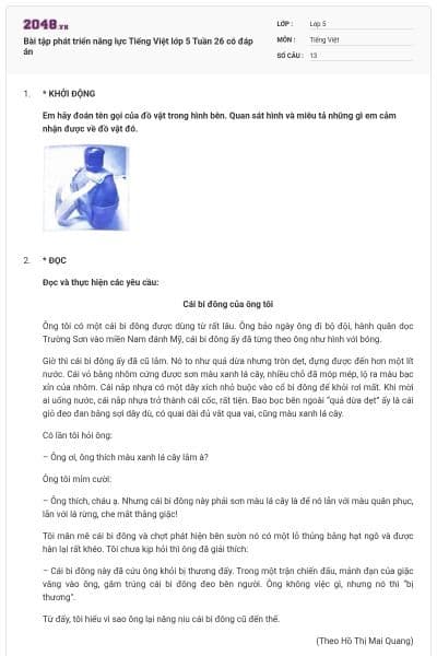 Bài tập phát triển năng lực Tiếng Việt lớp 5 Tuần 26 có đáp án