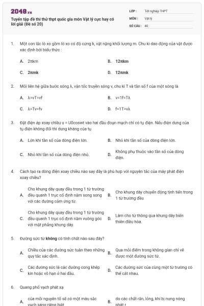 Tuyển tập đề thi thử thpt quốc gia môn Vật lý cực hay có lời giải (Đề số 20)