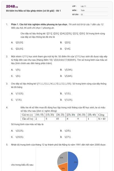 Đề kiểm tra Mẫu số liệu ghép nhóm (có lời giải) - Đề 1