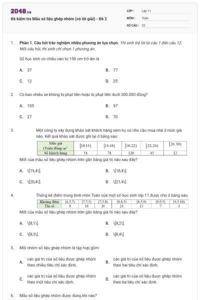 Đề kiểm tra Mẫu số liệu ghép nhóm (có lời giải) - Đề 2