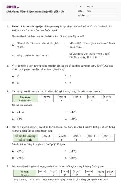 Đề kiểm tra Mẫu số liệu ghép nhóm (có lời giải) - Đề 3