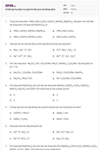 30 Bài tập Sự điện li có giải chi tiết (mức độ thông hiểu)