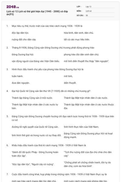 Lịch sử 12 Lịch sử thế giới hiện đại (1945 - 2000) có đáp án(P3)