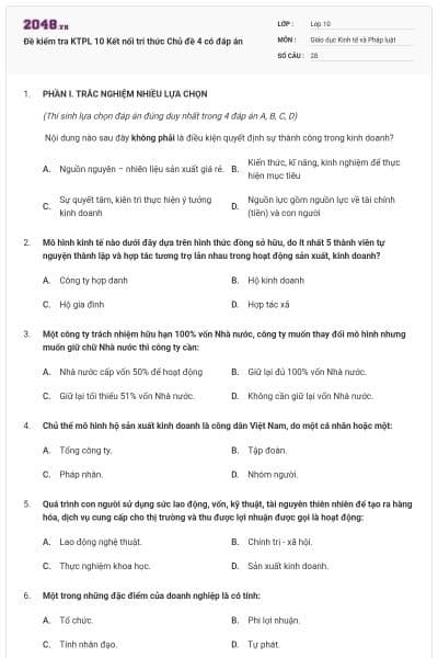 Đề kiểm tra KTPL 10 Kết nối tri thức Chủ đề 4 có đáp án