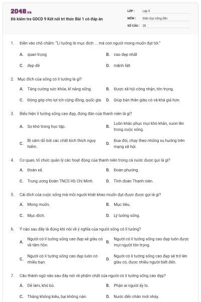Đề kiểm tra GDCD 9 Kết nối tri thức Bài 1 có đáp án
