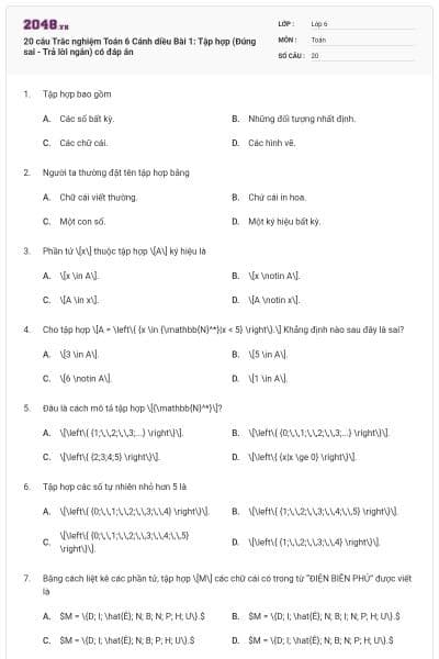 20 câu Trắc nghiệm Toán 6 Cánh diều Bài 1: Tập hợp (Đúng sai - Trả lời ngắn) có đáp án