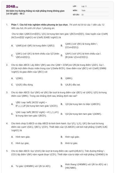 Đề kiểm tra Đường thẳng và mặt phẳng trong không gian (có lời giải) - Đề 2