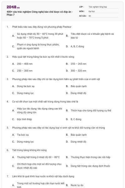 400+ câu trắc nghiệm Công nghệ bào chế dược có đáp án - Phần 7