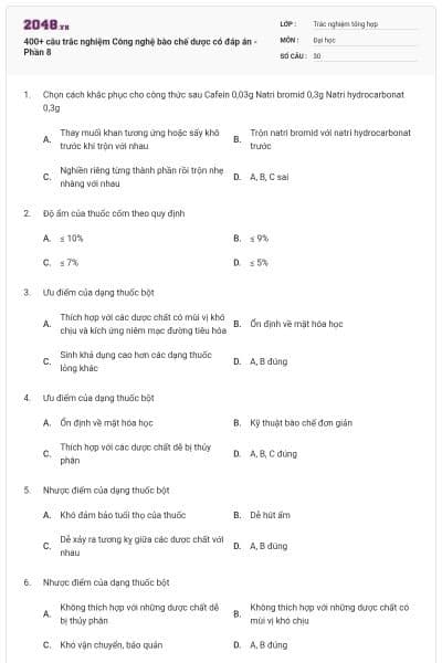400+ câu trắc nghiệm Công nghệ bào chế dược có đáp án - Phần 8