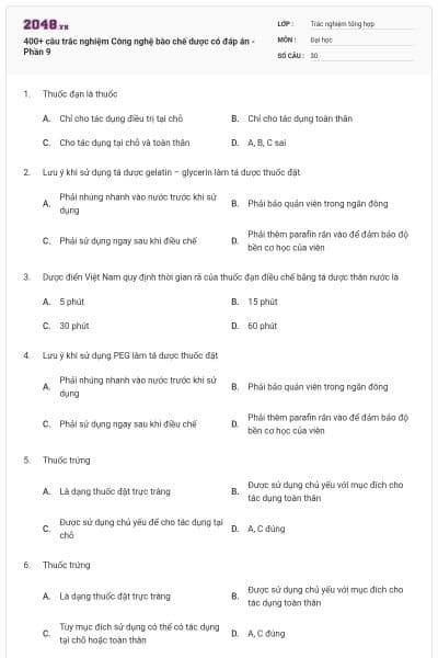 400+ câu trắc nghiệm Công nghệ bào chế dược có đáp án - Phần 9