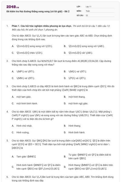 Đề kiểm tra Hai đường thẳng song song (có lời giải) - Đề 2