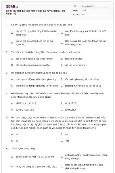 Đề thi thử thpt quốc gia môn Vật Lí cực hay có lời giải chi tiết (P12)