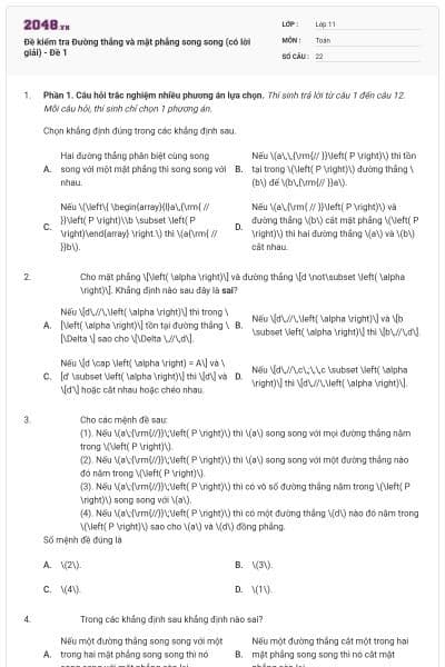 Đề kiểm tra Đường thẳng và mặt phẳng song song (có lời giải) - Đề 1
