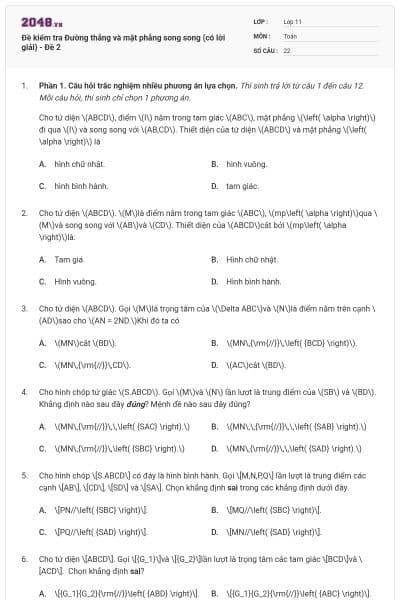 Đề kiểm tra Đường thẳng và mặt phẳng song song (có lời giải) - Đề 2