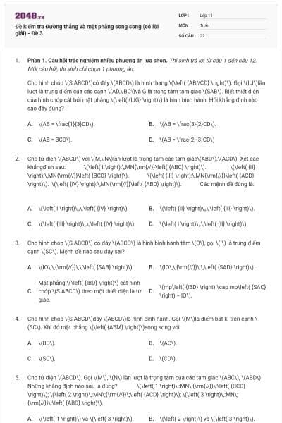 Đề kiểm tra Đường thẳng và mặt phẳng song song (có lời giải) - Đề 3