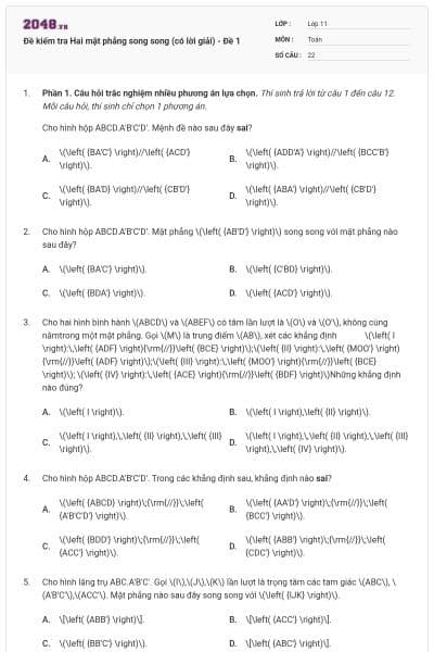 Đề kiểm tra Hai mặt phẳng song song (có lời giải) - Đề 1