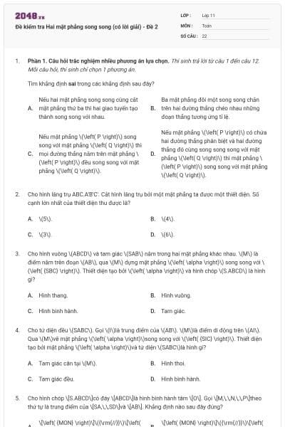 Đề kiểm tra Hai mặt phẳng song song (có lời giải) - Đề 2