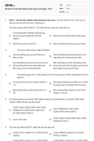 Đề kiểm tra Hai mặt phẳng song song (có lời giải) - Đề 3