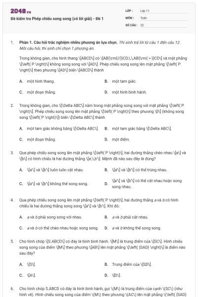 Đề kiểm tra Phép chiếu song song (có lời giải) - Đề 1