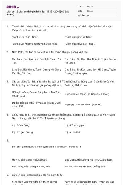 Lịch sử 12 Lịch sử thế giới hiện đại (1945 - 2000) có đáp án(P4)