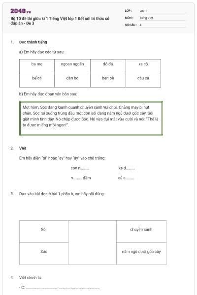 Bộ 10 đề thi giữa kì 1 Tiếng Việt lớp 1 Kết nối tri thức có đáp án - Đề 3