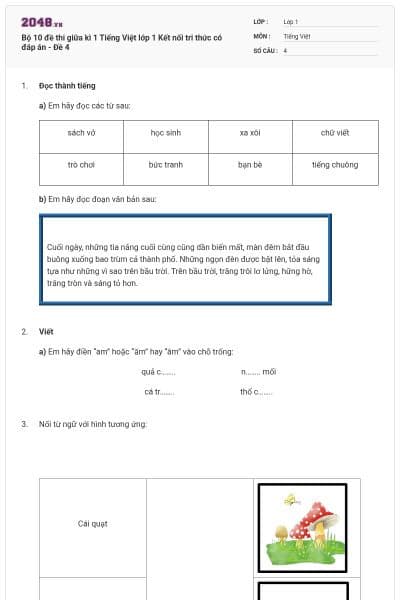 Bộ 10 đề thi giữa kì 1 Tiếng Việt lớp 1 Kết nối tri thức có đáp án - Đề 4