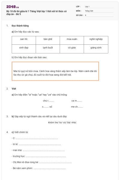 Bộ 10 đề thi giữa kì 1 Tiếng Việt lớp 1 Kết nối tri thức có đáp án - Đề 5