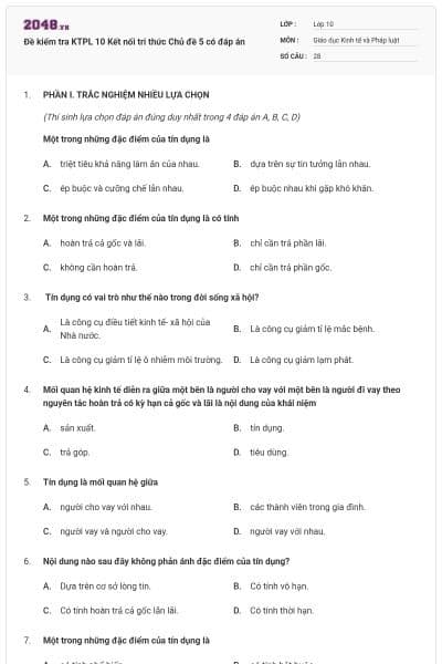 Đề kiểm tra KTPL 10 Kết nối tri thức Chủ đề 5 có đáp án