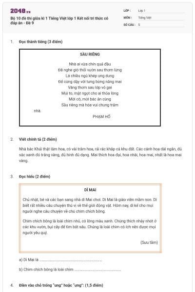 Bộ 10 đề thi giữa kì 1 Tiếng Việt lớp 1 Kết nối tri thức có đáp án - Đề 9